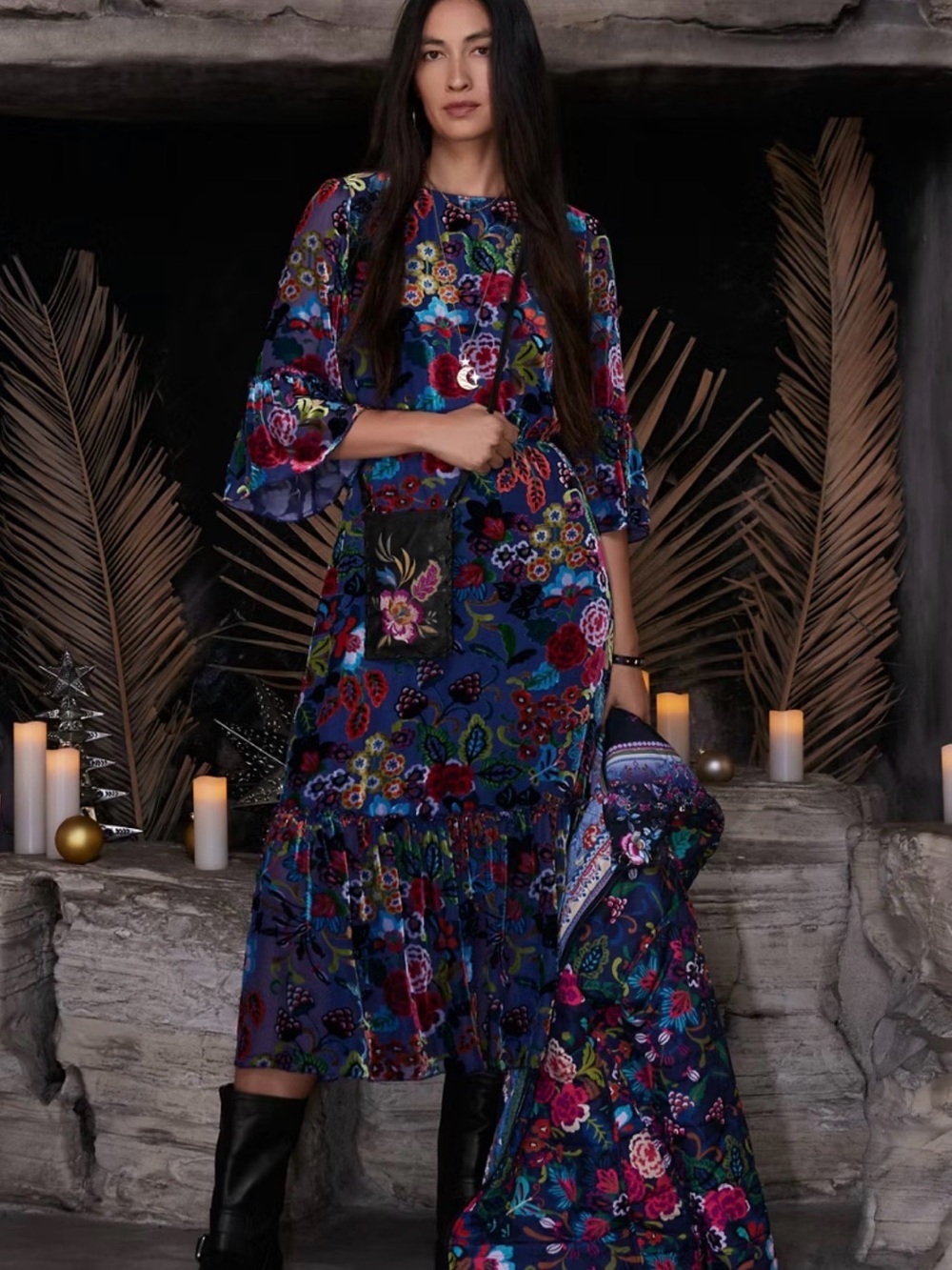 Johnny Was Navy Blue Silk Floral Midi The Minto Burnout Tanya Dress Artisan